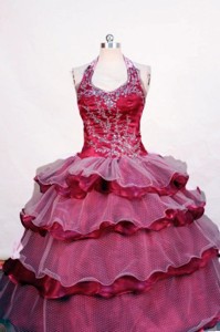 Beading And Layer Luxurious Fuchsia Ball Gown Halter Floor-length Little Girl Pageant Dress