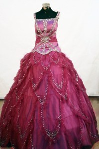 Beading Square Elegant Tulle Ball Gown Little Girl Pageant Dress Floor-length Fuchsia