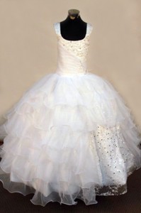 Exquisite Beading Organza Ball Gown White Square Floor-length White Little Girl Pageant Dress