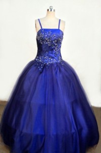 Beading Romantic Spaghetti Straps Tulle And Taffeta Ball Gown Royal Blue Little Girl Pageant Dress