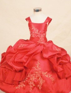 Appliques With Beading Lovely Ball Gown Taffeta Square Floor-length Red Little Girl Pageant Dress