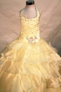 Exquisite Beading Ball Gown Halter Organza Yellow Floor-length Little Girl Pageant Dress