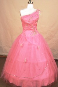Romantic Ball Gown One Shoulder Floor-length Tulle Pink Beading Little Girl Pageant Dress