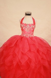 Beading Modest Halter Ball Gown Floor-length Red Little Girl Pageant Dress