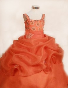 Appliques Cut Ball Gown Straps Floor-length Organza Orange Little Girl Pageant Dress