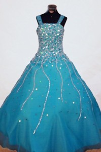 Beading Gorgeous Straps Organza Teal Floor-length Little Girl Pageant Dress