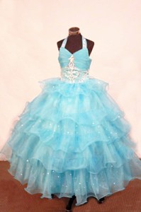 Organza Exquisite Halter Layer Ball Gown Floor-length Aqua Beading Little Girl Pageant Dress