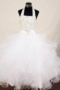 Beading Sweet Ball Gown Halter Floor-length Organza White Little Girl Pageant Dress