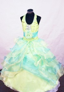 Beading Modest Ball Gown Halter Floor-length Multi-colored Little Girl Pageant Dress