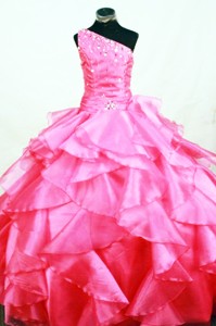Ruffles Romantic Ball gown Hot Pink Organza One Shoulder Beading Floor-length Little Girl Pageant Dr
