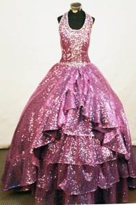 Sequins Halter Floor-length Fuchsia Paillette Beading Little Girl Pageant Dress