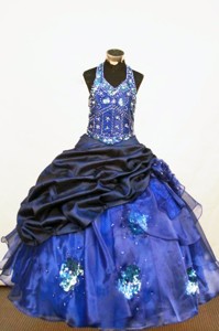 Beading Beautiful Ball Gown Halter Floor-length Organza Blue Little Girl Pageant Dress