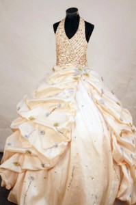 Gorgeous Taffeta Ball Gown Halter Yellow Floor-length Beading Little Girl Pageant Dress