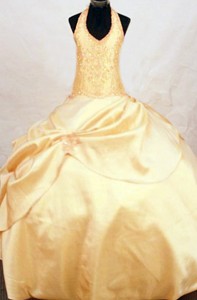 Beautiful Ball Gown Halter Floor-length Taffeta Gold Beading Little Girl Pageant Dress