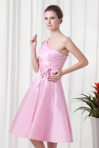 Pink One Shoulder Knee-length Hand Made Flowers Pageant Dress