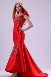 Mermaid Red One Shoulder Embroidery With Beading Pageant Dress