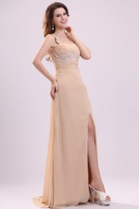 Champagne High Slit One Shoulder Pageant Dress With Appliques And Beading
