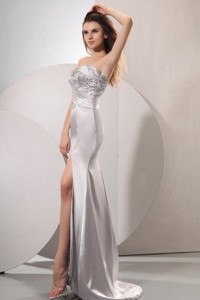 Sliver Sweetheart Beaded Pageant Dress With High Slit Brush Train