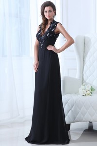 Navy Blue Empire V-neck Floor-length Appliques Chiffon Pageant Dress With Open Back