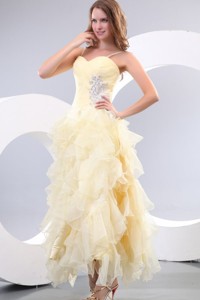 Sweetheart Organza Ankle-length Beading And Ruffles Yellow Pageant Dress