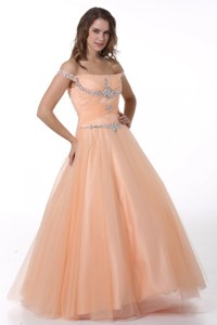 Peach Off The Shoulder Beading Ruching Floor-length Tulle Pageant Dress