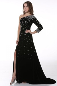 Black Beaded High Slit One Shoulder Pageant Dress With 3/4 Length Sleeves