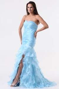 Aqua Blue Mermaid Strapless Pageant Dress With Beading And Layers