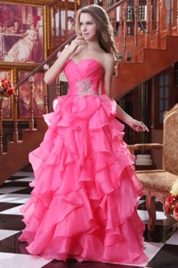 Hot Pink Sweetheart Pageant Dress With Beading And Ruffles