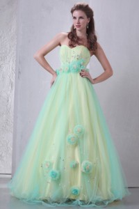 Sweetheart Yellow And Blue Hand Made Flowers And Beading Pageant Dress