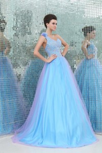 Lovely Princess One Shoulder Beading Tulle Floor-length Blue Pageant Dress