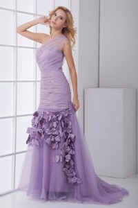 New One Shoulder Lilac Ruching Brush Train Organza Pageant Dress With Side Zipper