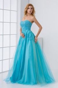Gorgeous Princess Sweetheart Beading Tulle Aqua Blue Long Lace Up Pageant Dress