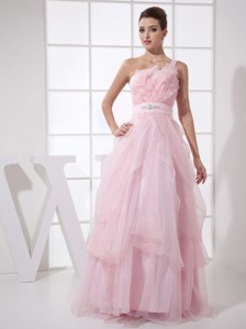 One Shoulder Beading Custom Made Floor-length Pink Organza Pageant Dress