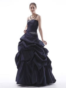 Navy Blue Pageant Dress With Beaded And Pick-ups Taffeta Lace-up Black