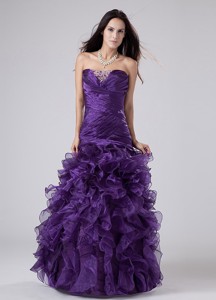 Fashionable Beading And Ruffles Organza Strapless Floor-length Column Pageant Dress Purple