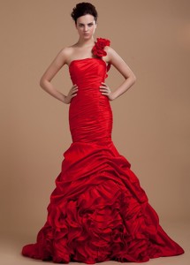 Wine Red Pageant Dress With One Shoulder Hand Made Flowers And Ruffled Layers Mermaid Brush Train