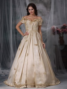 Champagne Off The Shoulder Floor-length Taffeta Hand Made Flowers Pageant Dress