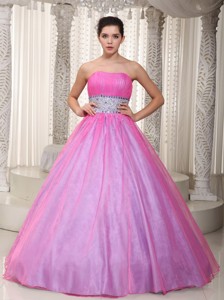 Hot Pink Princess Strapless Floor-length Organza Beading Pageant Dress