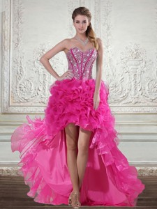 Hot Pink High Low Sweetheart Pageant Dress With Beading And Ruffled Layers