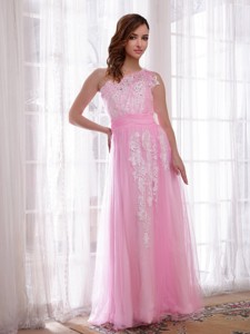 Tulle and Taffeta Embroidery and Rhinestones Column One Shoulder Evening Dress in Pink