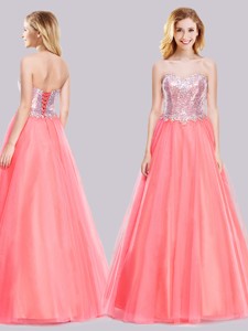 Latest A Line Tulle Sequined Long Pageant Dress In Watermelon