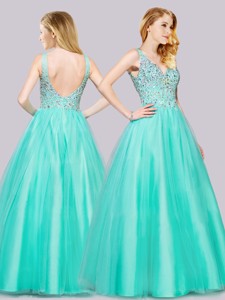 Hot Sale Beaded Bodice Turquoise Pageant Dress With V Neck