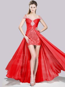 Short Inside Long Outside Red Pageant Dress With Beading And Sequins