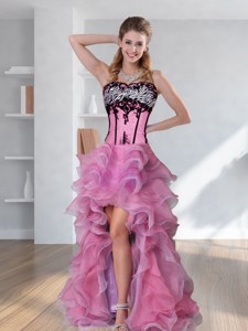 Zebra Printed Strapless High-low Rose Pink Pageant Dress With Embroidery