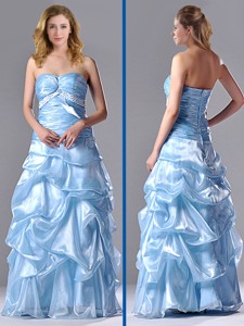 Column Sweetheart Long Light Blue Beaded Ruched Pageant Dress In Organza