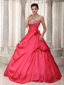 Coral Red Strapless Floor-length Taffeta Beading Pageant Dress