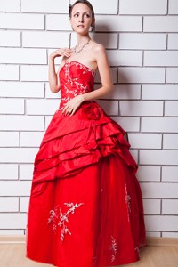 Red Strapless Pageant Dress Taffeta Appliques Floor-length