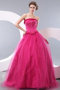 Unique Hot Pink Strapless Pageant Dress Tulle Beading Floor-length