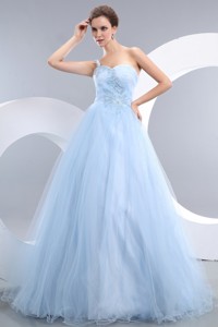 Beautiful Baby Blue One Shoulder Pageant Dress Tulle Appliques Floor-length
