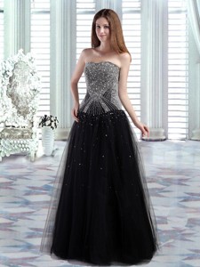 Black Column Floor Length Beading Pageant Dress With Strapless
